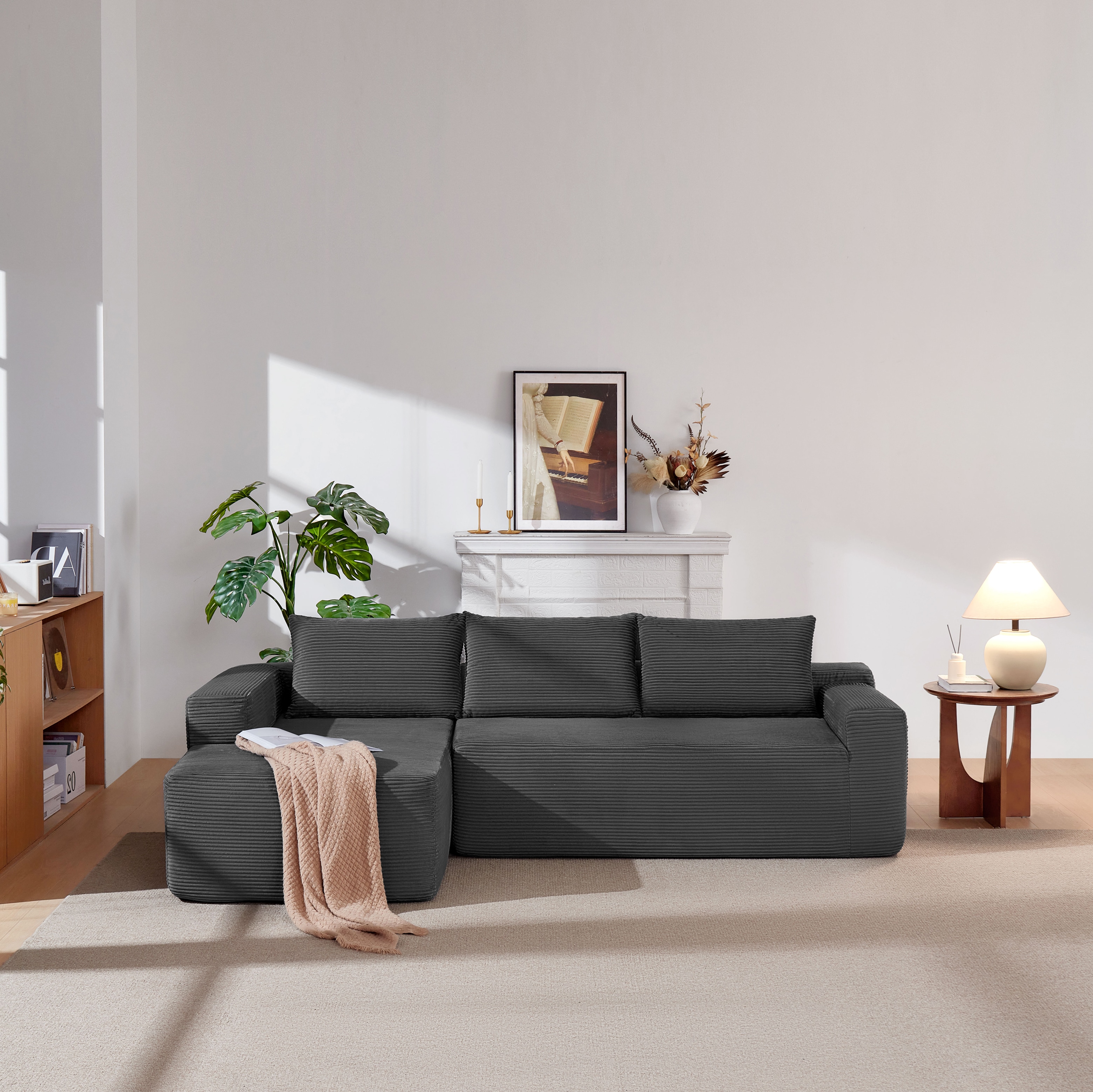 Modern Cloud Sectional Sofa L-shape Chaise Black Corduroy Fabric_voghion.com